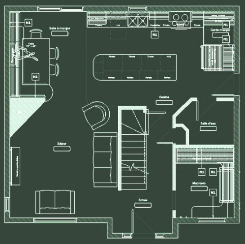 Plan du rez-de-chaussée après les travaux : grand îlot, banquette en coin et garde-manger dissimulé, résidence de Québec
